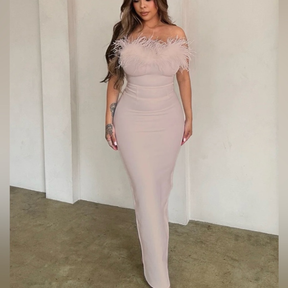 Feather Trim Maxi Bandage Dress